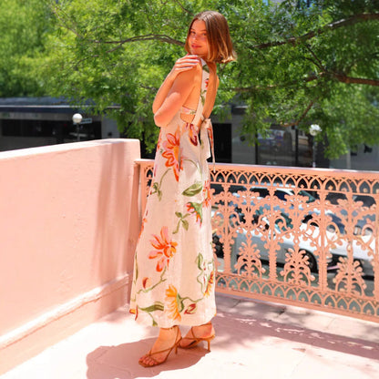 Women’s Long Dress – Lightweight Cotton – Floral Print – Square Neck – Open Back