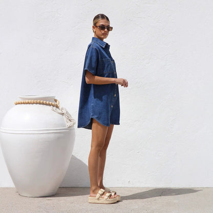 Women’s Shirt Dress – Denim Fabric – Oversized Fit – Button-Down – Short Sleeve