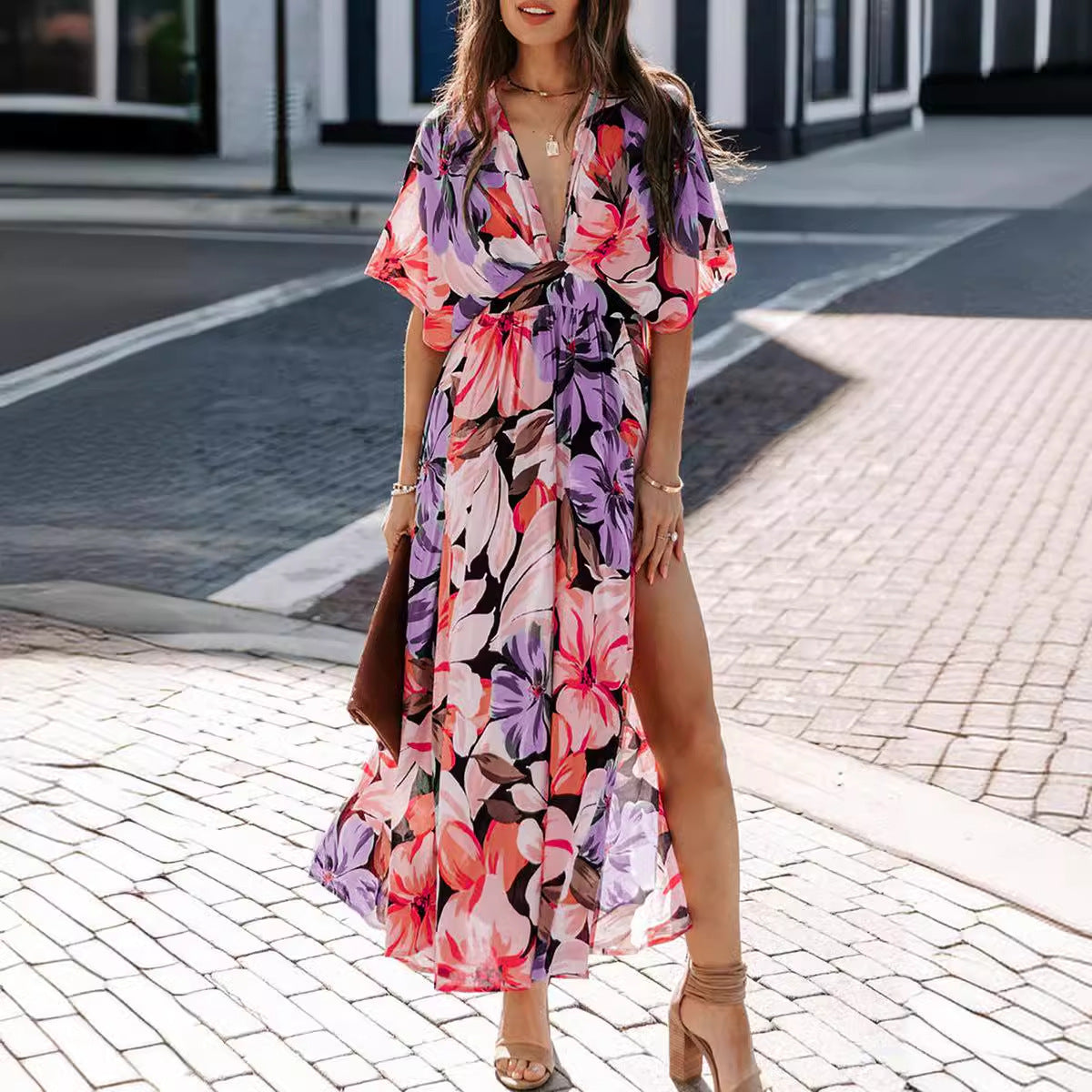 Women’s Maxi Dress – Wrap V-Neck – High Waist – Short Sleeve – Floral Print – Side Slit