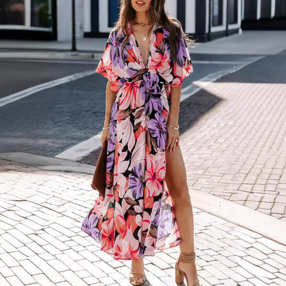 Women’s Maxi Dress – Wrap V-Neck – High Waist – Short Sleeve – Floral Print – Side Slit