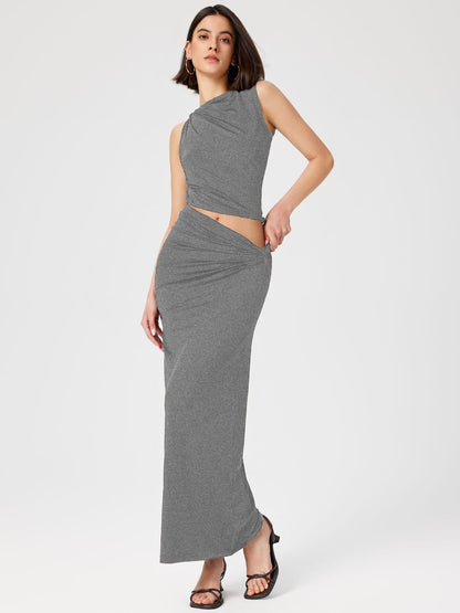 Women's Set – Sleeveless Crop Top – Asymmetrical Design – Cut-Out Waist – Maxi Skirt