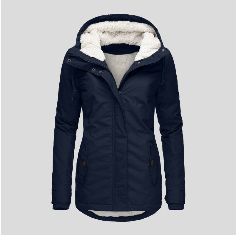 Women's mid-length fleece-lined winter parka with hood