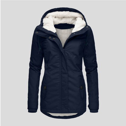 Women's mid-length fleece-lined winter parka with hood