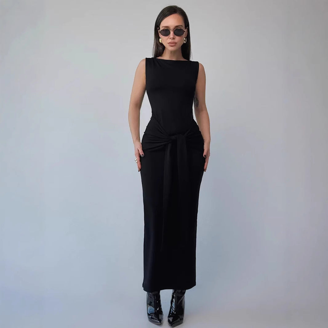 Women’s Bodycon Dress – Sleeveless Maxi – Round Neck – Waist Tie – Stretch Fit