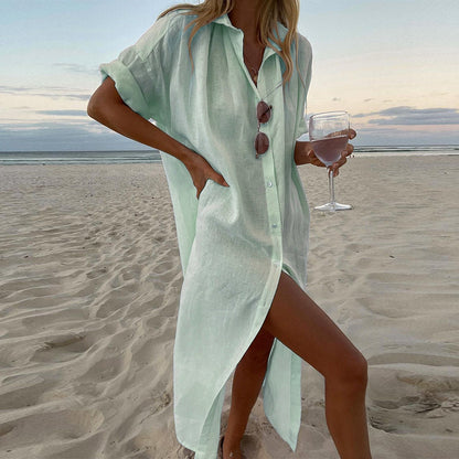 Women's Long Shirt Dress - Lightweight Linen Blend - Button-Up Collared Beach Cover-Up