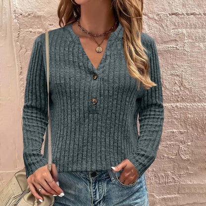 Women's Ribbed Knit Sweater - V-Neck - Button Down - Long Sleeve Stylish Fit
