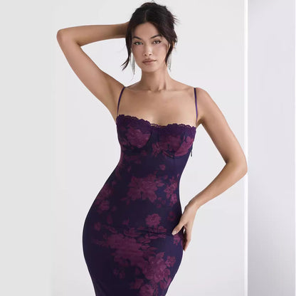 Women’s Long Dress – Slim Fit – Floral Print – Spaghetti Straps – Open Back – Sheer Hem