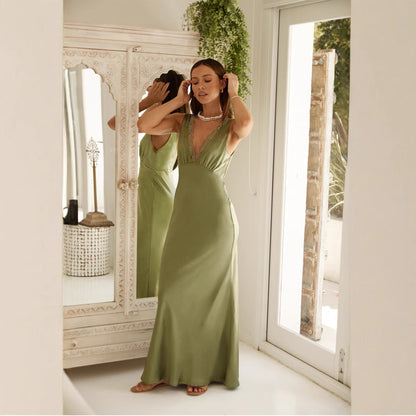 Women’s Evening Dress – Satin Slim Fit – Sleeveless V-Neck with Lace Trim – Full Length