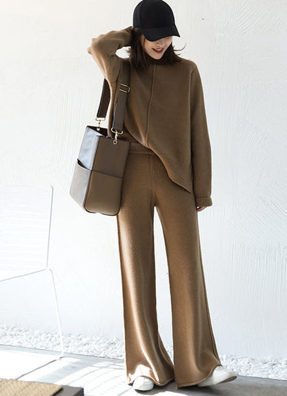 Women’s Two-Piece Knit Set – Relaxed Fit Sweater – Wide Leg Pants – Soft Wool Texture