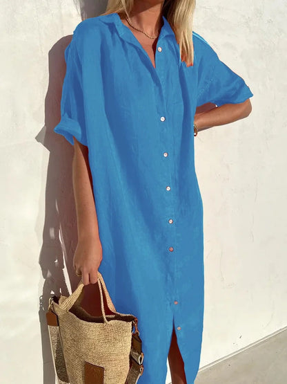 Women’s Shirt Dress – Cotton Linen Blend – Relaxed Fit – Midi Length – Button Down