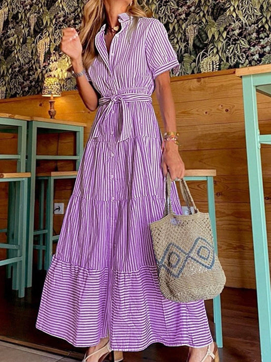 Breezy Striped Belted Relaxed Midi Dress 