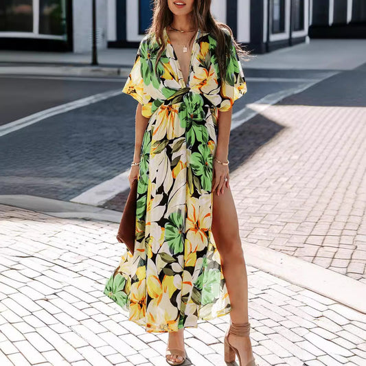 Floral Print High-Waisted Wrap Maxi Dress