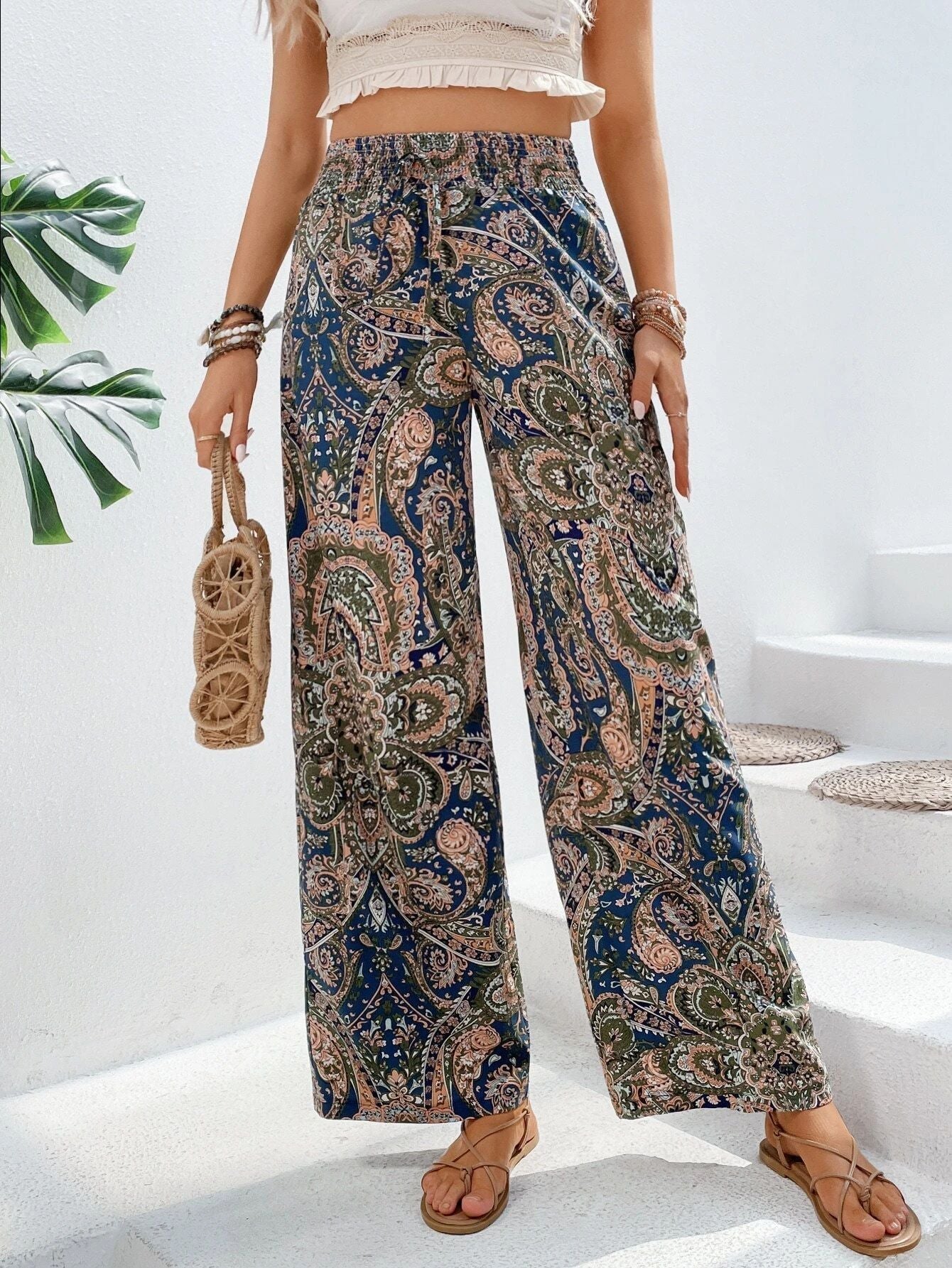 Boho Print Relaxed Fit Wide-Leg Pants 