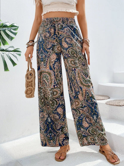 Women’s Wide-Leg Pants – Relaxed Fit – Elastic Waist – Breathable Blend – Boho Print