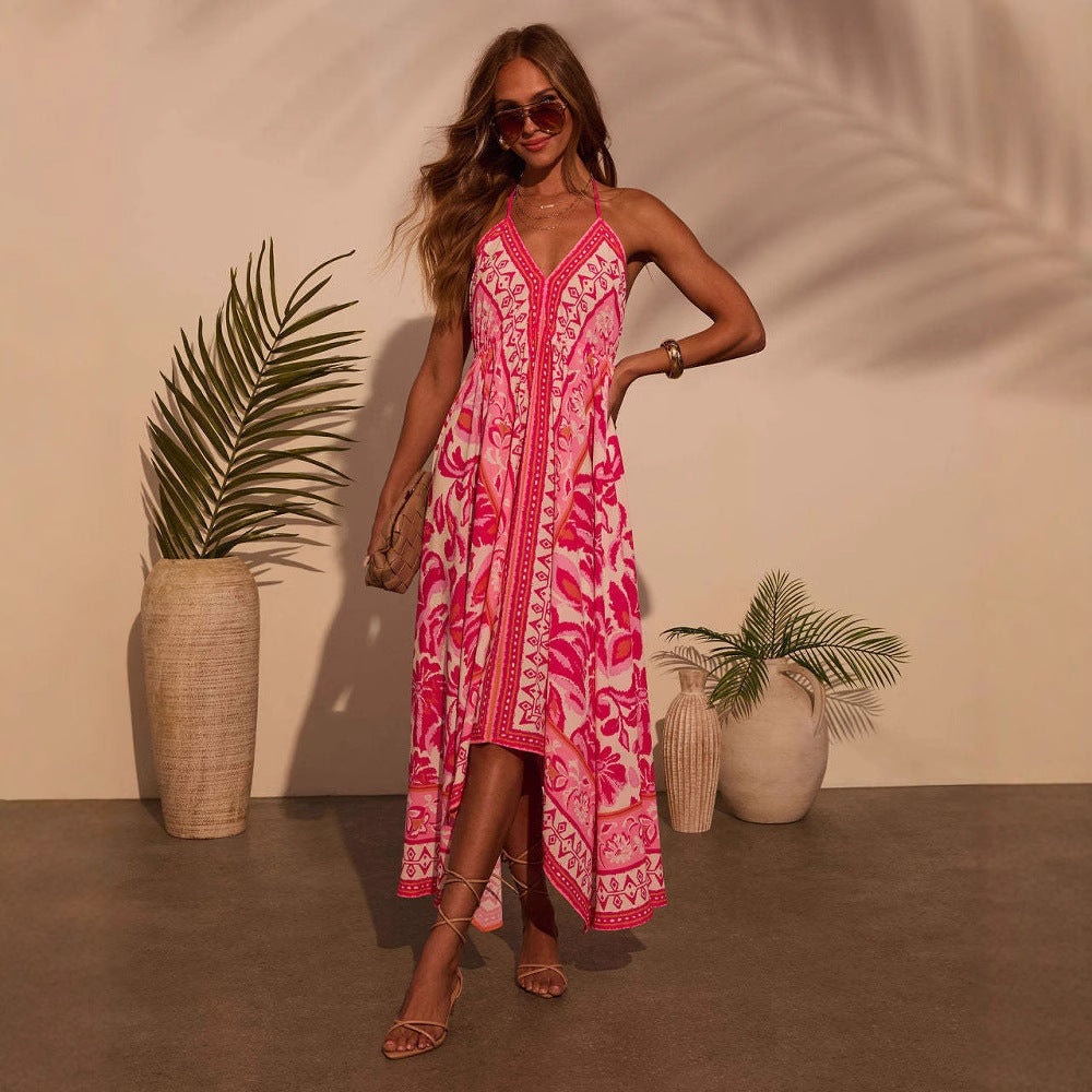 Women’s Long Dress – V-Neck Spaghetti Strap – A-Line Fit – Asymmetrical Hem – Formal Wear