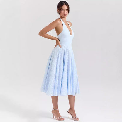 Women’s Halter Dress – Slim Fit – Satin Finish – Deep V-Neck – Midi A-Line Skirt