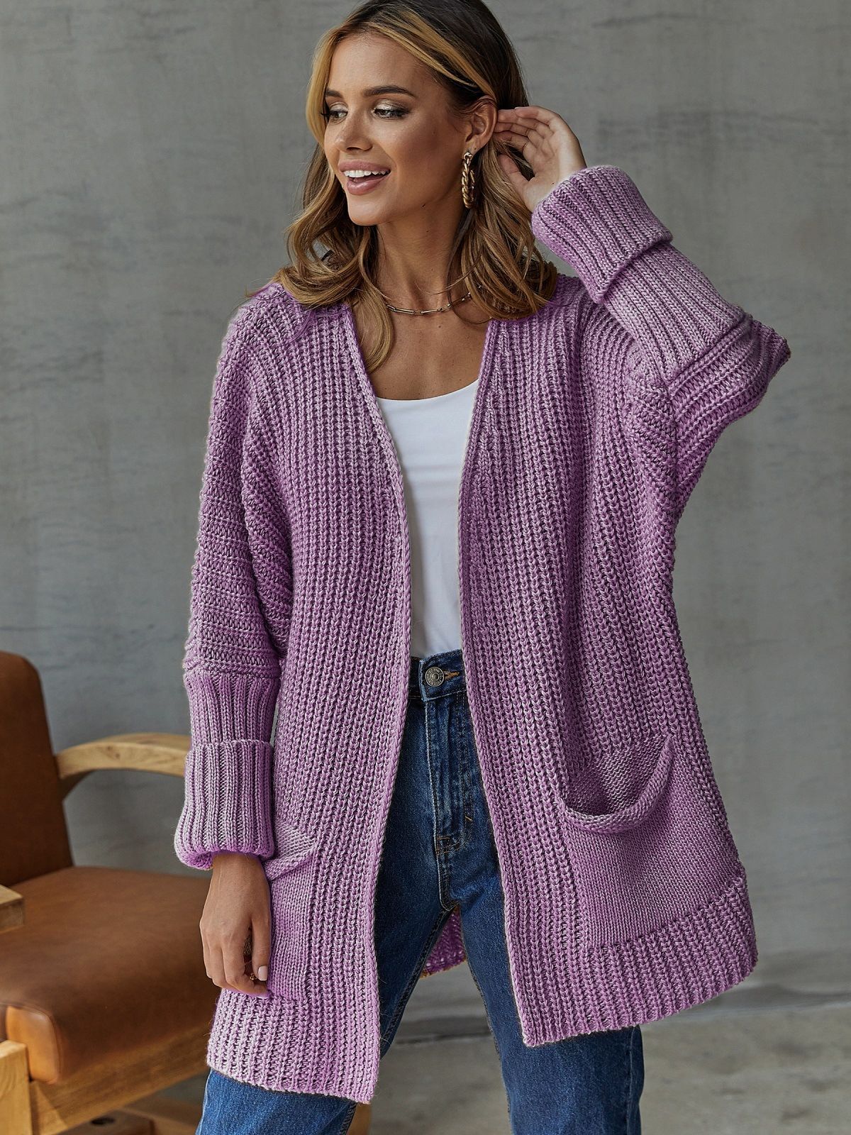 Women’s Cardigan – Chunky Ribbed Knit – Oversized Fit – V-Neck – Front Pockets