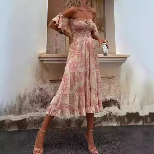 Shirred Off-Shoulder Midi A-Line Dress