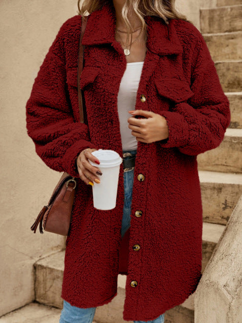 Women’s Long Coat – Plush Fleece – Oversized Fit – Button Down with Lapel Collar