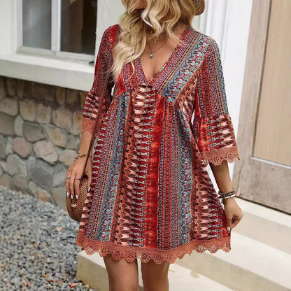 Women’s Casual Dress – A-Line Fit – V-Neck Boho Print – Lace Trim – 3/4 Sleeve