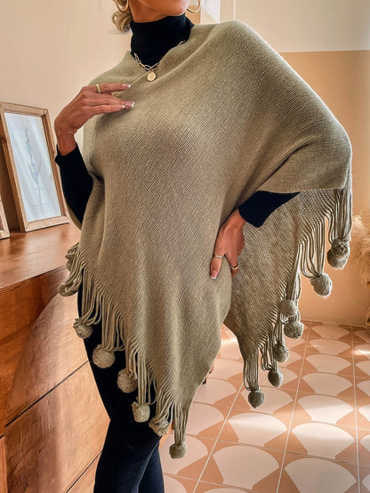 Women’s Shawl Sweater Cape – Knitted – Relaxed Fit – Tassel Fringe with Fur Pom-Poms