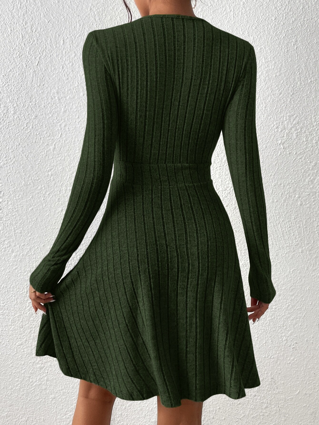 Women's Ribbed Midi Dress - Wrap V-Neck - Long Sleeve - Flattering A-Line Fit