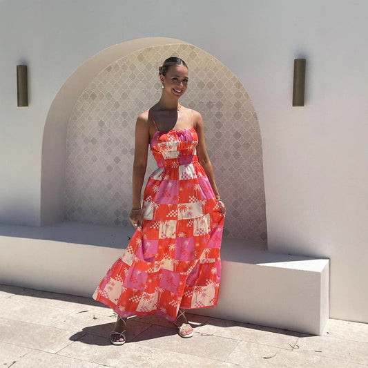 Flowy Printed Cotton Blend Maxi Dress