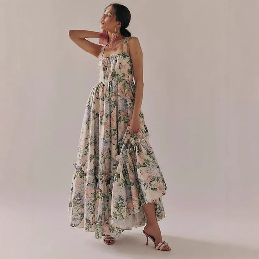 Chiffon Pleated Floral Tiered Maxi Dress
