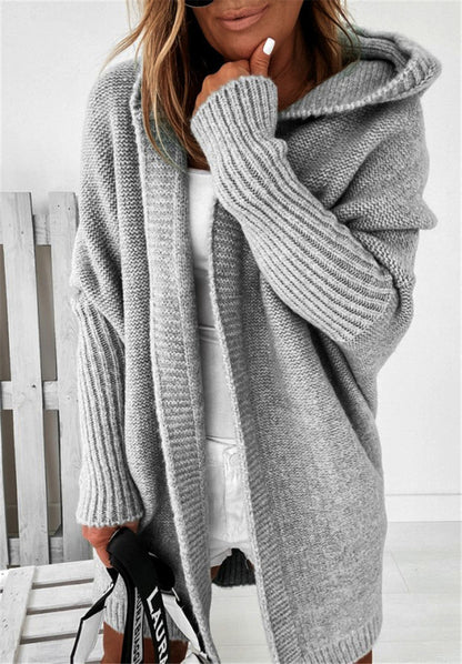 Women’s Hooded Sweater Jacket – Wool Blend Knit – Loose Fit – Open Front – Ribbed Cuffs