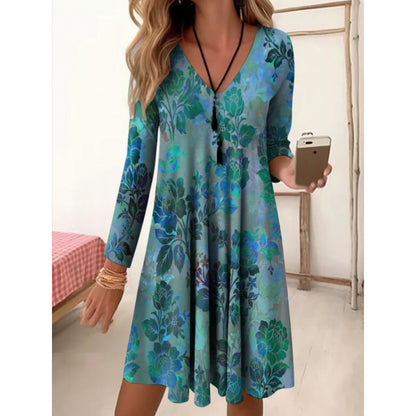 Women's Dress - V-Neck Gradient Print -Three-quarter Sleeves - Retro Style