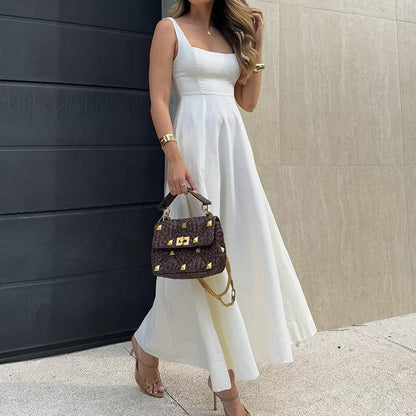 Women’s Maxi Dress – Loose Fit – High Waist – Square Neckline – Lightweight Fabric