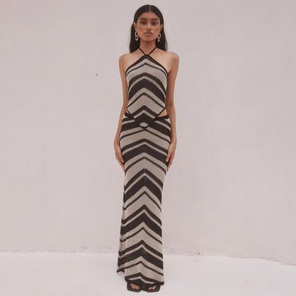 Women’s Knitted Dress Set – Bodycon Fit – Halter Neck – Cut-Out – Geometric Stripe – Midi Length
