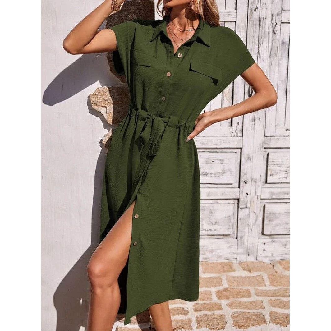 Women’s Shirt Dress – Button Down – Tie Waist – Midi Length – Short Sleeve Cotton Blend