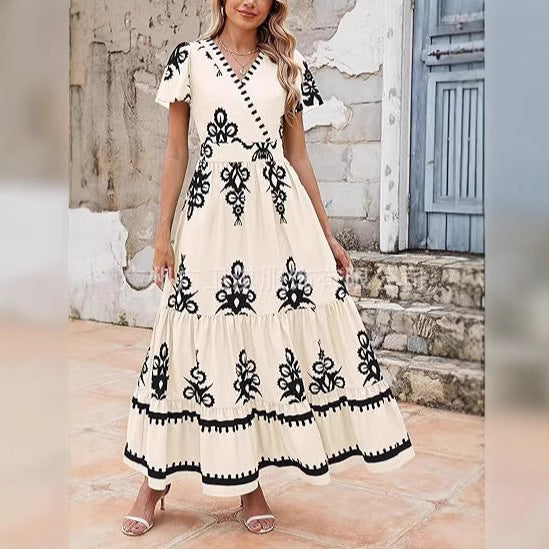 Women’s Maxi Dress – Bohemian Floral Print – Tiered A-Line Fit – V-Neck Short Sleeve