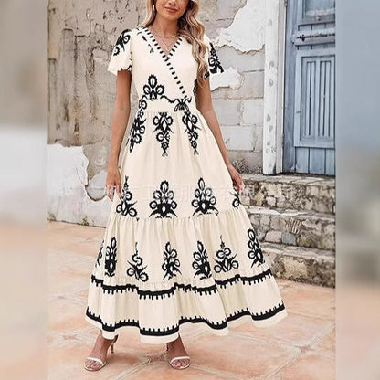 Women’s Maxi Dress – Bohemian Floral Print – Tiered A-Line Fit – V-Neck Short Sleeve