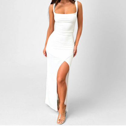 Women’s Maxi Dress – Slim Fit – Spaghetti Straps – High Slit – Open Back – Evening Wear