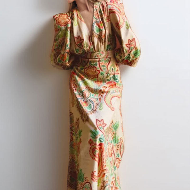 Satin Paisley Fitted A-Line Dress