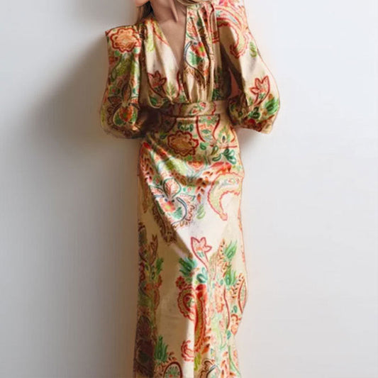Satin Paisley Fitted A-Line Dress