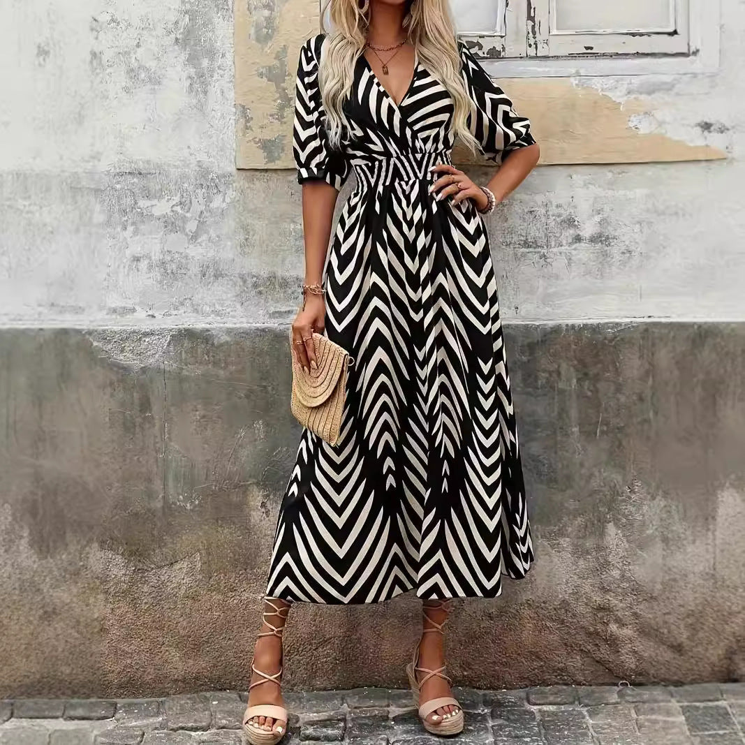 Women’s Midi Dress – A-Line Fit – V-Neck Wrap – Puff Sleeve – Woven Belted Waist