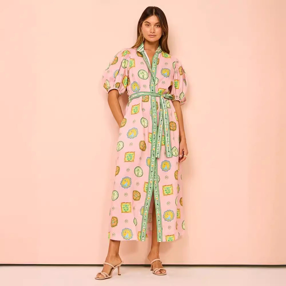 Women’s Midi Dress – Lightweight Cotton Blend – Lantern Sleeve – Belted Fit – Button Down – Graffiti Print