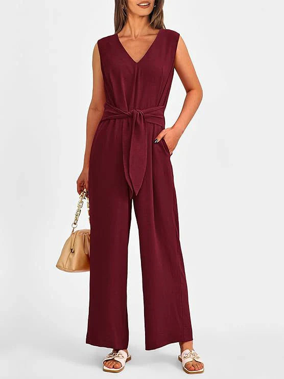 Women’s Jumpsuit – V-Neck – Sleeveless – Waist Tie – Wide Leg – Flowy Fit