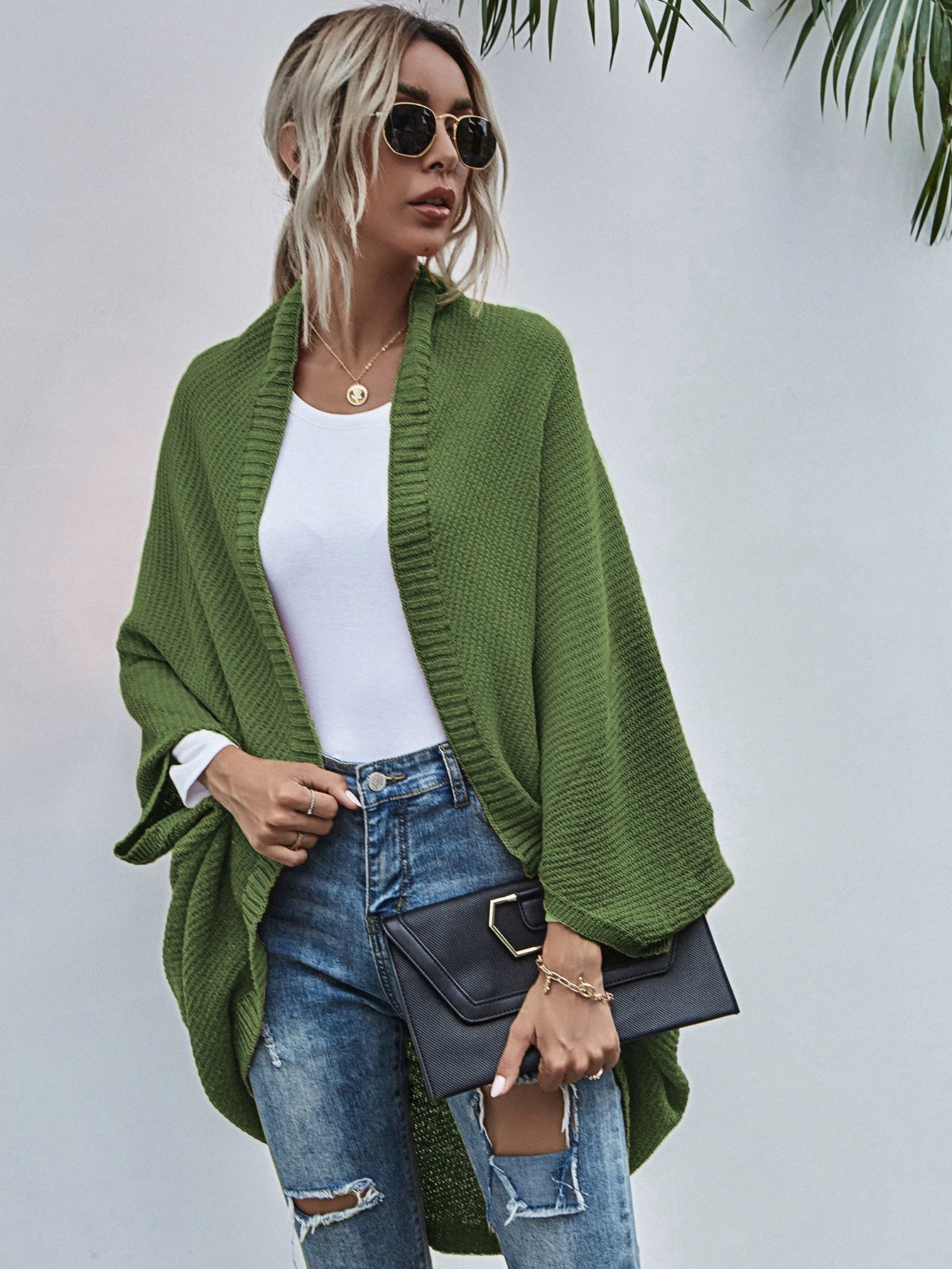 Women’s Cardigan Sweater – Oversized Fit – Knit Wool – Open Front – Batwing Sleeves