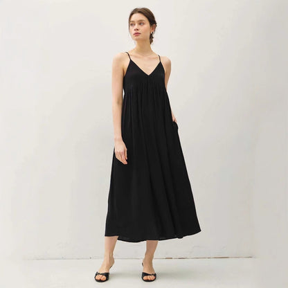 Women’s Maxi Dress – Flowy A-Line Fit – V-Neck – Spaghetti Straps – Pleated Cotton