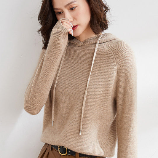 Grace Hooded Sweater | Ribbed Drawstring Hip-Length Sweater