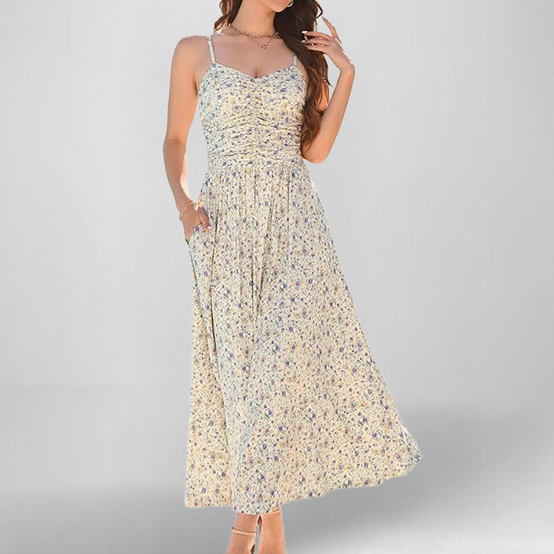 Women’s Sundress – Cotton Blend – A-Line Midi – Spaghetti Straps – Floral Print – Pockets