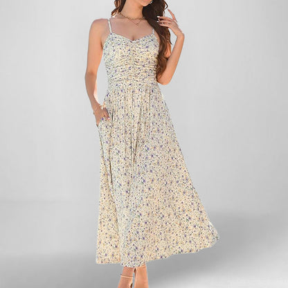 Women’s Sundress – Cotton Blend – A-Line Midi – Spaghetti Straps – Floral Print – Pockets