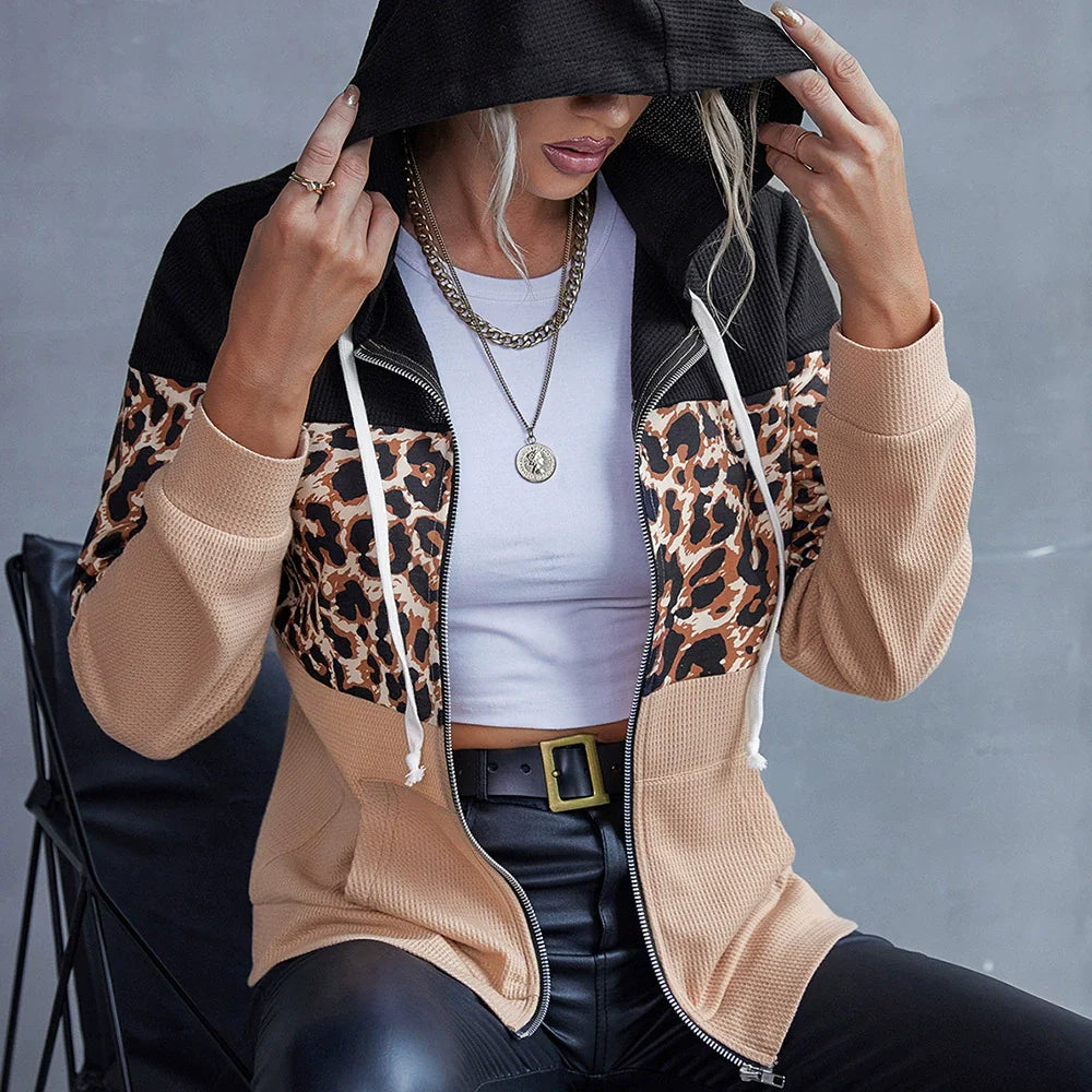 Women’s Hooded Sweatshirt – Relaxed Fit – Cotton Blend – Patchwork Zip Front Casual Wear