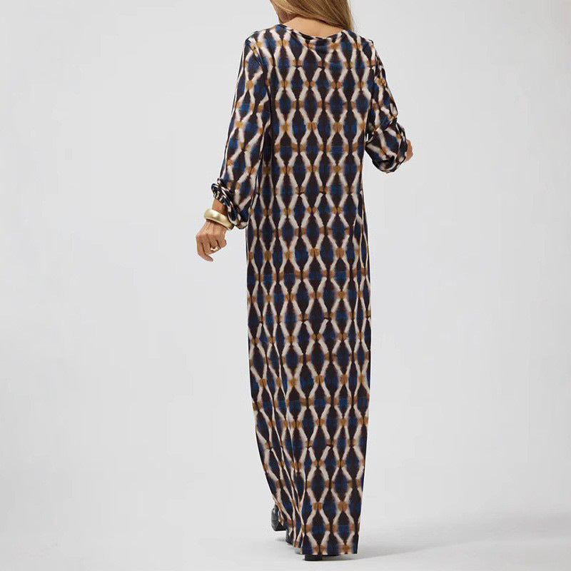 Women’s Maxi Dress – V-Neck – Flowy Fit – Long Sleeve – Lightweight Printed Fabric