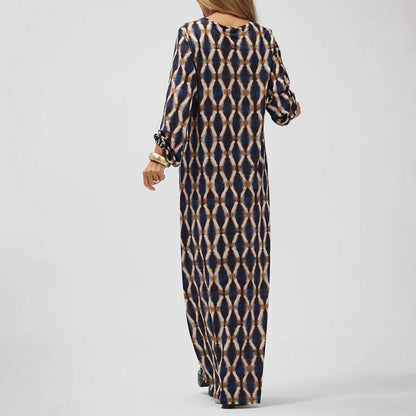 Women’s Maxi Dress – V-Neck – Flowy Fit – Long Sleeve – Lightweight Printed Fabric