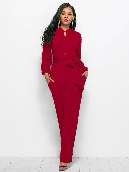 Belted Wide Leg Button Front Jumpsuit